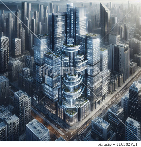 Aerial view of a cityscaped dominated by a circular skyscraper, showcasing urban planning and 116582711