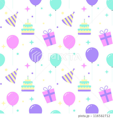 Childrens Birthday bright pattern. Vector holiday pattern with decorations with balloons, gifts and cake. 116582712