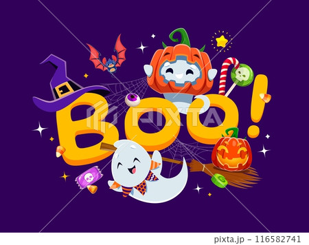 Halloween boo banner with cute kawaii ghosts and holiday sweets. October horror party, Happy Halloween celebration or fall season holiday vector backdrop with funny ghosts characters, candies and bat 116582741