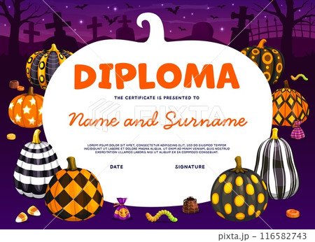 Halloween kids diploma, cartoon patterned pumpkins and sweet candies. Vector festive certificate, frame template for school or kindergarten with painted gourds and creepy desserts on night cemetery 116582743