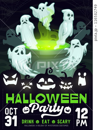 Halloween party flyer with spooky ghosts floating around a bubbling cauldron with green brew. Vector invitation poster for eerie night with all the thrills you need. Join us for a spine-tingling bash Halloween party flyer with spooky ghosts floating around a bubbling cauldron with green brew. Vector invitation poster for eerie night with all the thrills you need. Join us for a spine-tingling bash 116582749