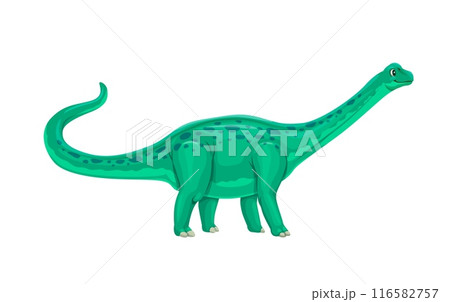 Cartoon antarctosaurus dinosaur character of giant dino animal. Vector prehistoric forest dinosaur with long neck, funny green spotted titanosaur lizard of jurassic period. Sauropod dino character 116582757