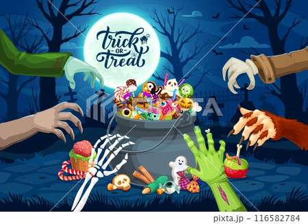 Halloween monster hands and sweets bucket on midnight holiday cemetery. Fall horror holiday, Halloween season vector banner with werewolf, zombie, vampire and skeleton hands, candies in cauldron Halloween monster hands and sweets bucket on midnight holiday cemetery. Fall horror holiday, Halloween season vector banner with werewolf, zombie, vampire and skeleton hands, candies in cauldron 116582784