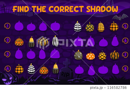 Find a correct shadow of Halloween patterned pumpkins, kids game quiz. Vector worksheet with Halloween holiday pumpkin lanterns matching puzzle on midnight cemetery background with castle and bats Find a correct shadow of Halloween patterned pumpkins, kids game quiz. Vector worksheet with Halloween holiday pumpkin lanterns matching puzzle on midnight cemetery background with castle and bats 116582786