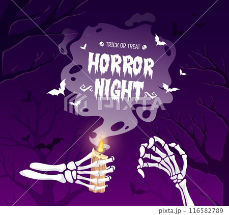 Skeleton hands with candle, trick or treat Halloween banner. Vector skeletal hands cradle a flickering candle against a purple sky, with creepy tree silhouettes and flying bats. Spooky delight awaits Skeleton hands with candle, trick or treat Halloween banner. Vector skeletal hands cradle a flickering candle against a purple sky, with creepy tree silhouettes and flying bats. Spooky delight awaits 116582789
