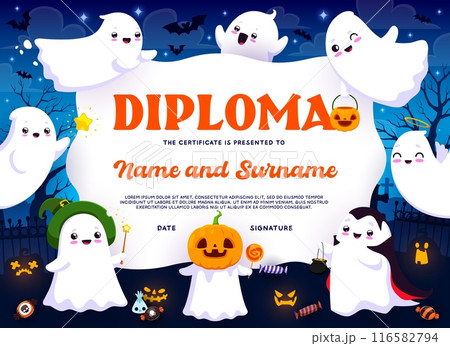 Kids diploma, holiday sweets and Halloween cute kawaii ghost characters. Kids competition winner diploma, children Halloween holiday or party vector award, education certificate with funny ghosts 116582794