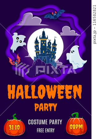 Halloween party flyer with paper cut holiday landscape and cartoon ghosts characters. Vector horror night castle or haunted house, trick or treat pumpkins, bats and moon in 3d wavy papercut frame Halloween party flyer with paper cut holiday landscape and cartoon ghosts characters. Vector horror night castle or haunted house, trick or treat pumpkins, bats and moon in 3d wavy papercut frame 116582821