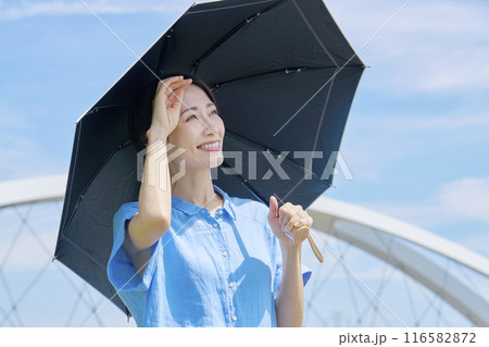 屋外で日傘を差した笑顔の女性 116582872