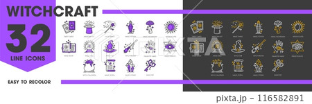 Witchcraft and magic line icons. Esoteric, astrology and mystery vector symbols. Outline tarot cards, witch potion cauldron, broom and hat, magic book, wand, crystals and alchemy elixir isolated signs Witchcraft and magic line icons. Esoteric, astrology and mystery vector symbols. Outline tarot cards, witch potion cauldron, broom and hat, magic book, wand, crystals and alchemy elixir isolated signs 116582891