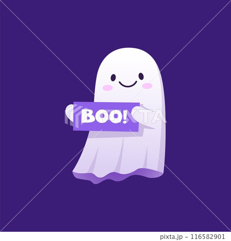 Halloween kawaii ghost character holding boo banner. Isolated cartoon vector adorable baby spook with rosy cheeks, wide smile and a playful expression radiating a charming, cute and friendly aura 116582901