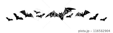 Halloween black frame border and divider adorned with spooky flying bats creates an eerie mood, setting a haunting tone for the season. Vector element adding a creepy touch to designs and decorations Halloween black frame border and divider adorned with spooky flying bats creates an eerie mood, setting a haunting tone for the season. Vector element adding a creepy touch to designs and decorations 116582904