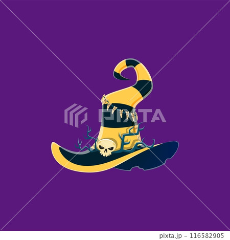 Cartoon Halloween witch hat. Isolated vector magician headwear with black and yellow stripes. Wizard cap with creepy skull as buckle, tree branches, teeth beads and curve crown, epitome of mystique Cartoon Halloween witch hat. Isolated vector magician headwear with black and yellow stripes. Wizard cap with creepy skull as buckle, tree branches, teeth beads and curve crown, epitome of mystique 116582905