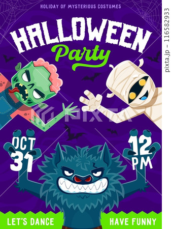 Zombie, werewolf and mummy on Halloween party flyer. Vector holiday invitation banner with funny cartoon monster characters invite for spooktacular costume party, filled with live music and eerie fun 116582933