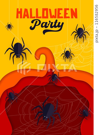 Halloween paper cut pumpkin, spiders and cobweb. Autumn season horror party, Halloween celebration paper cut vector flyer or poster with pumpkin silhouette, black widow spiders, cobweb and typography 116582956