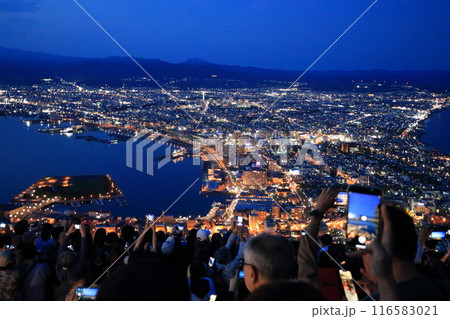 View of Hakodate City at night from the top of Hakodate Mountain in Hokkaido Japan View of Hakodate City at night from the top of Hakodate Mountain in Hokkaido Japan 116583021