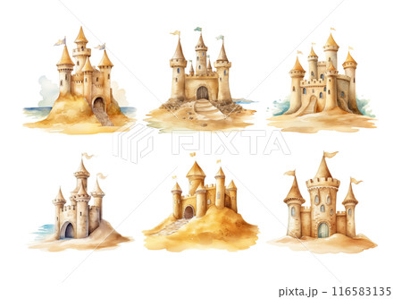 Cute watercolor painting style illustration of Sand Castle, isolated on white background 116583135