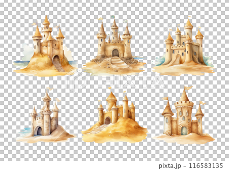Cute watercolor painting style illustration of Sand Castle, isolated on white background 116583135