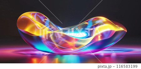 shiny holo abstract 3d shape in vibrant colors, black background 116583199
