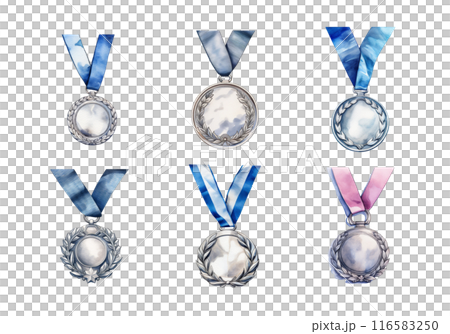 Cute watercolor painting style illustration of Silver Medal, isolated on white background 116583250