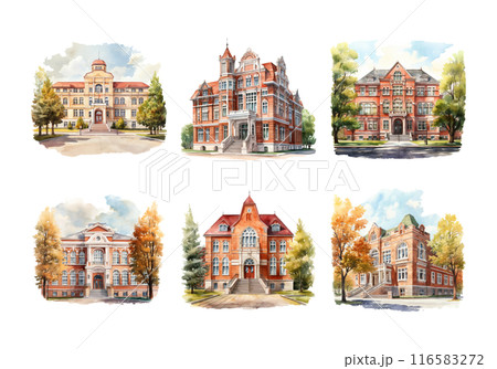 Cute watercolor painting style illustration of School Building, isolated on white background 116583272