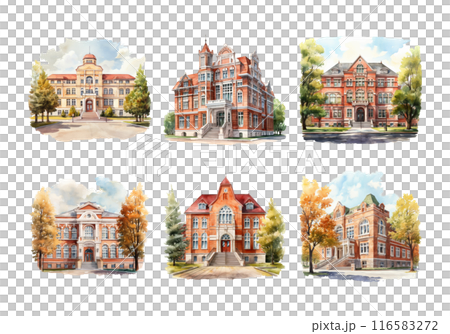 Cute watercolor painting style illustration of School Building, isolated on white background 116583272