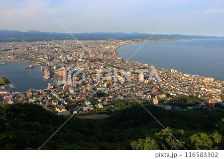 View of Hakodate City in northern Japan from the top of Hakodate mountain in Hokkaido Japan 116583302
