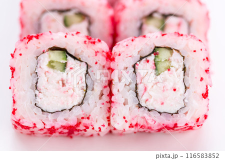 Japanese food restaurant, sushi maki gunkan roll plate or platter set. Sushi set and composition Japanese food restaurant, sushi maki gunkan roll plate or platter set. Sushi set and composition 116583852