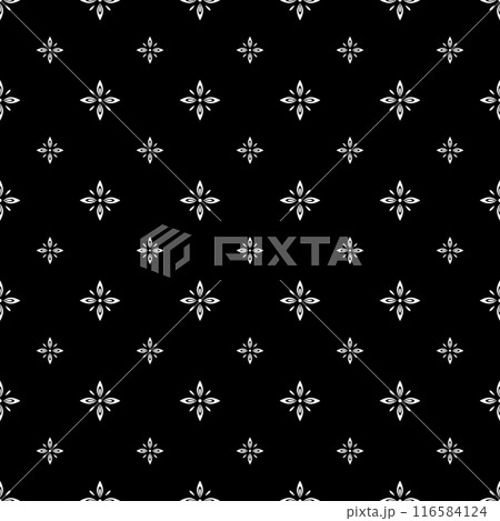 Flower geometric pattern. Seamless vector background. White and black ornament. Ornament for fabric, wallpaper, packaging. Decorative print. 116584124