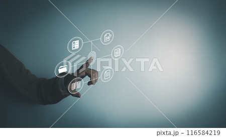 Fingerprint scanner to access information, verify to authentication, touching screen to login security, Internet of things, cloud computing, Internet connection, shopping online and cashless society 116584219