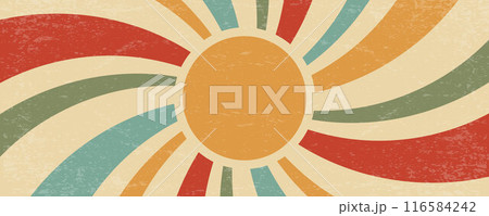 Retro sun background. Summer vector poster. Abstract vintage radial rays. 70s groovy design with grunge texture. Old style color wallpaper. Festive modern banner 116584242