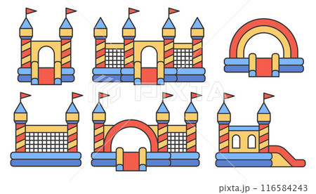 Bouncy castle color icons set. Inflatable house pictograms with slide for air trampoline park and children playground for jumping. Inflated equipment for amusement park and kids zone. Vector Bouncy castle color icons set. Inflatable house pictograms with slide for air trampoline park and children playground for jumping. Inflated equipment for amusement park and kids zone. Vector 116584243