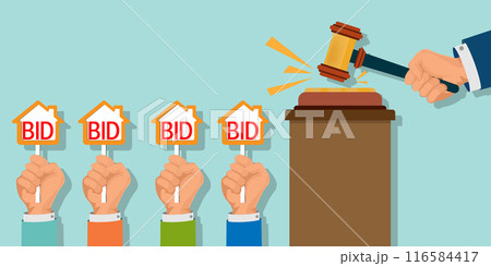 Hands holding auction paddle in shape of house and hammer. 116584417