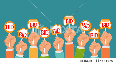 Hands holding auction paddle in shape of house and car. 116584420