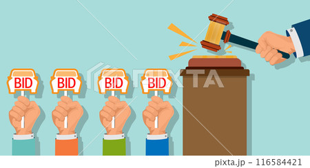 Hands holding auction paddle in shape of car and hammer. 116584421