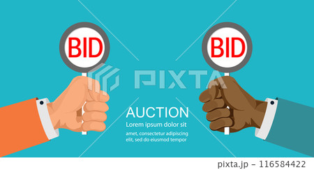 Hands holding auction paddle. 116584422
