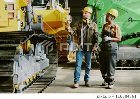 Long shot of two ethnically diverse male and female engineers walking along factory workshop and discussing new design of modern dozer Long shot of two ethnically diverse male and female engineers walking along factory workshop and discussing new design of modern dozer 116584561
