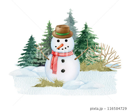 Funny snowman on snowy ground with winter time fir trees. Painted vintage style illustration. Hand drawn snowman in winter forest scene. Traditional outdoor snow decoration. White background Funny snowman on snowy ground with winter time fir trees. Painted vintage style illustration. Hand drawn snowman in winter forest scene. Traditional outdoor snow decoration. White background 116584729