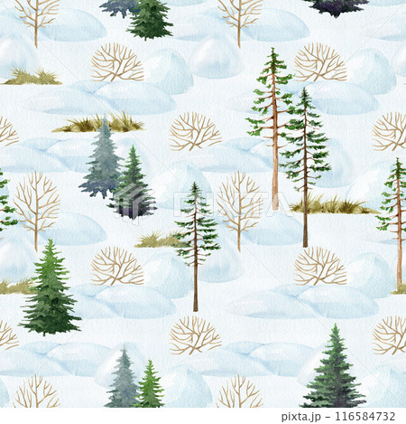 Winter forest landscape seamless pattern. Snow piles, bushes, fir tree, winter landscape on snowy background. Traditional vintage style gift wrap design. Hand painted watercolor digital paper element 116584732