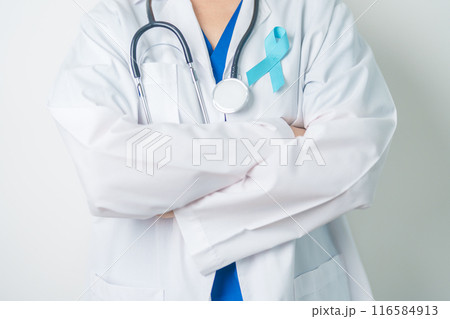 Blue November Prostate Cancer Awareness month, Doctor with Blue Ribbon in hospital for support people life and illness. Healthcare, International men, Father, Diabetes and World cancer day 116584913