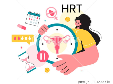HRT or Hormone Replacement Therapy Acronym Vector Illustration with Treatment and Hormone Medication in a Healthcare Flat Cartoon Background HRT or Hormone Replacement Therapy Acronym Vector Illustration with Treatment and Hormone Medication in a Healthcare Flat Cartoon Background 116585316
