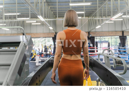 Back view of a young woman walking on treadmill during her morning exercise at a gym Back view of a young woman walking on treadmill during her morning exercise at a gym 116585410