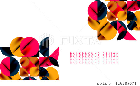 Color beautiful circles, semi circles, squares and round triangles. Geometric mosaic style pattern abstract background for wallpaper, banner, backdrop, card, book Illustration, landing page 116585671