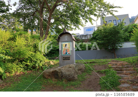 Statue of St. Nikolai by the Hakodate Russian Orthodox Church Holy Resurrection Cathedral in Hakodate City in Hokkaido in northern Japan 116585689