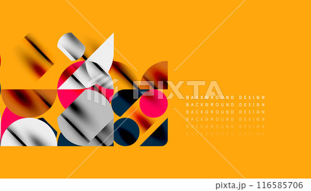 Color beautiful circles, semi circles, squares and round triangles. Geometric mosaic style pattern abstract background for wallpaper, banner, backdrop, card, book Illustration, landing page Color beautiful circles, semi circles, squares and round triangles. Geometric mosaic style pattern abstract background for wallpaper, banner, backdrop, card, book Illustration, landing page 116585706