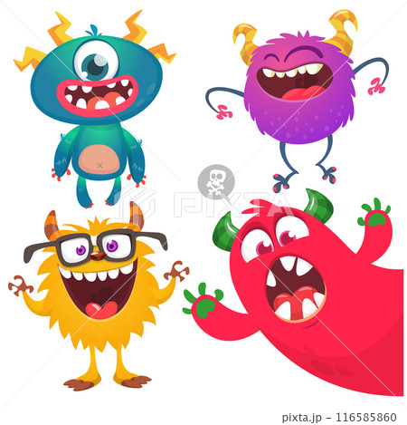 Funny cartoon monsters with different face expressions. Set of cartoon vector happy monsters characters. Halloween design for party decoration,  package design 116585860