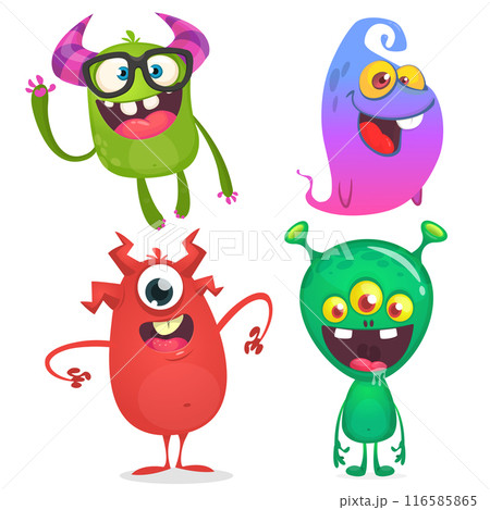 Funny cartoon monsters with different face expressions. Set of cartoon vector happy monsters characters. Halloween design for party decoration,  package design 116585865