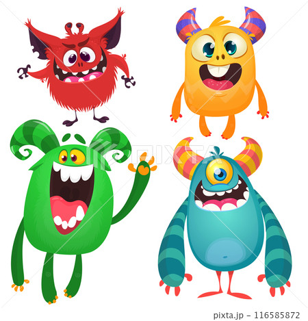 Funny cartoon monsters with different face expressions. Set of cartoon vector happy monsters characters. Halloween design for party decoration,  package design 116585872