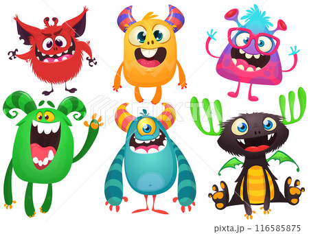 Cute cartoon Monsters. Set of cartoon monsters: goblin, ghost, troll, monster, yeti and alien . Halloween design. Vector illustration isolated 116585875
