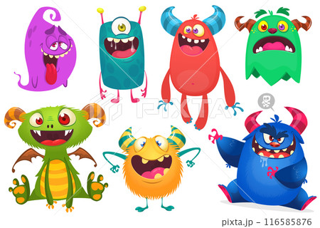 Funny cartoon monsters with different face expressions. Set of cartoon vector happy monsters characters. Halloween design for party decoration,  package design 116585876
