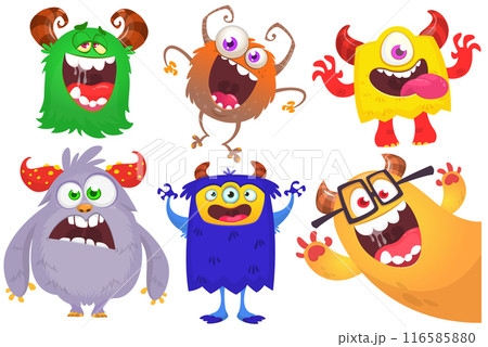 Funny cartoon monsters with different face expressions. Set of cartoon vector happy monsters characters. Halloween design for party decoration,  package design 116585880